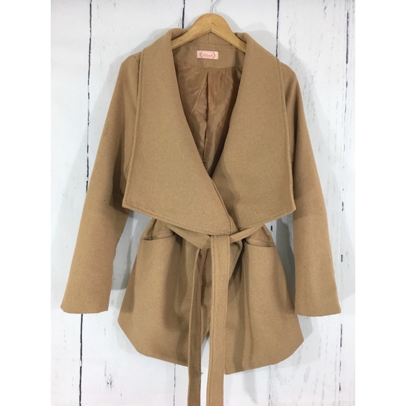 Blush Jackets & Blazers - BLUSH Tan belted wool-like wrap coat, Size Medium